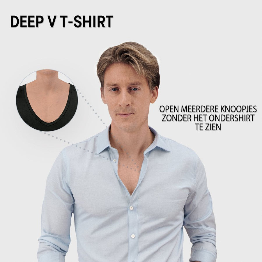 t-shirt, diepe v-hals, kraagloze look, zwarte boord?, mouwlengte lang/half?