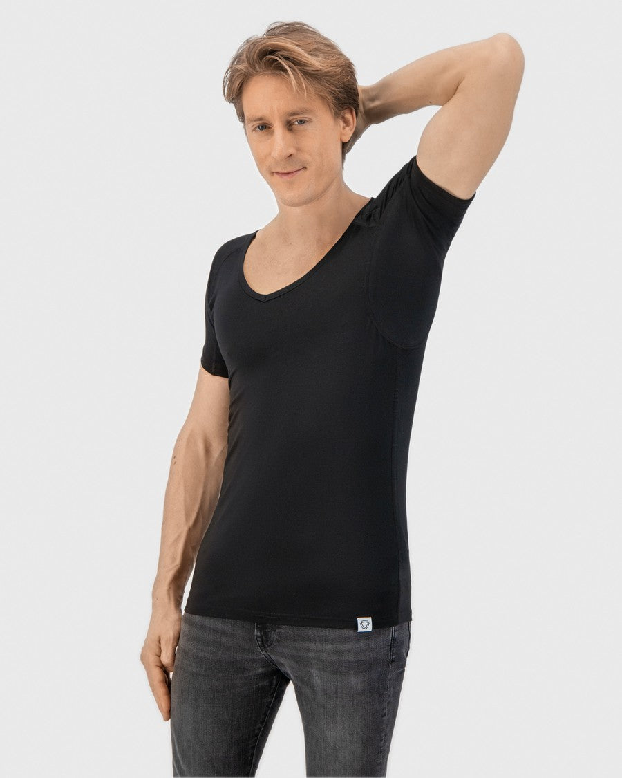 mannelijk shirt, zwarte T-shirt, v-hals, korte mouwen, slim fit